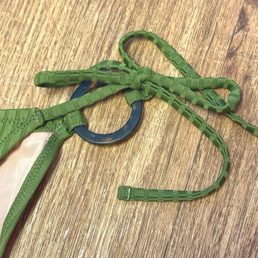 J. Crew Green Wide-Rib Curved-Waist Cheeky String Bikini Bottom with Rings